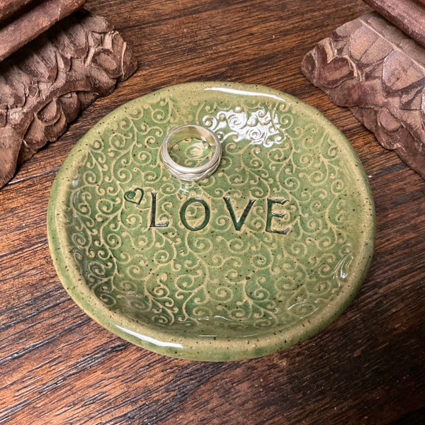 Handmade Love pottery teaspoon spoon rest, tea bag holder, ring holder, trinket dish.  4” round.  Great gift.  Ready to ship.