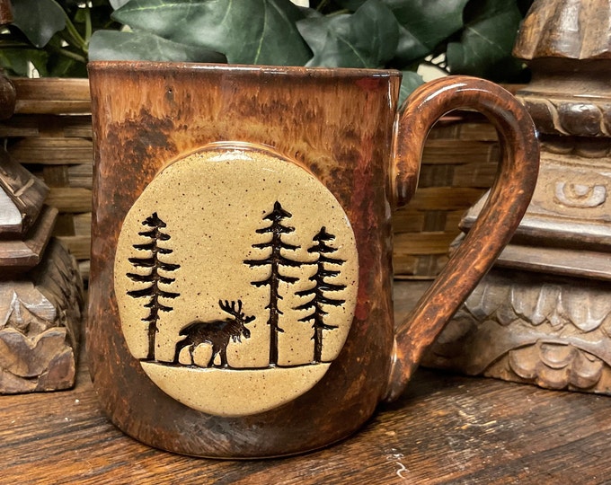 Holds 14 Oz. Handmade Rustic Moose in Woods Pottery Coffee Mug, Cup