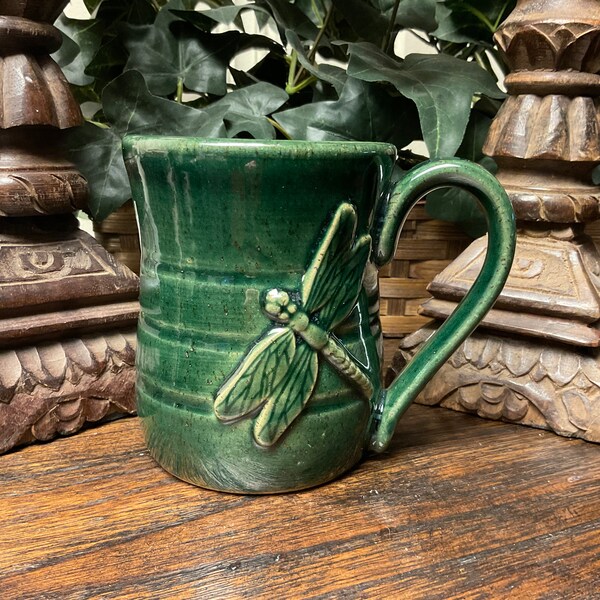 Handmade Dragonfly pottery coffee mug, coffee cup, tea cup.  Holds 14 oz.  Dishwasher and microwave safe.  Great gift.  Ready to ship