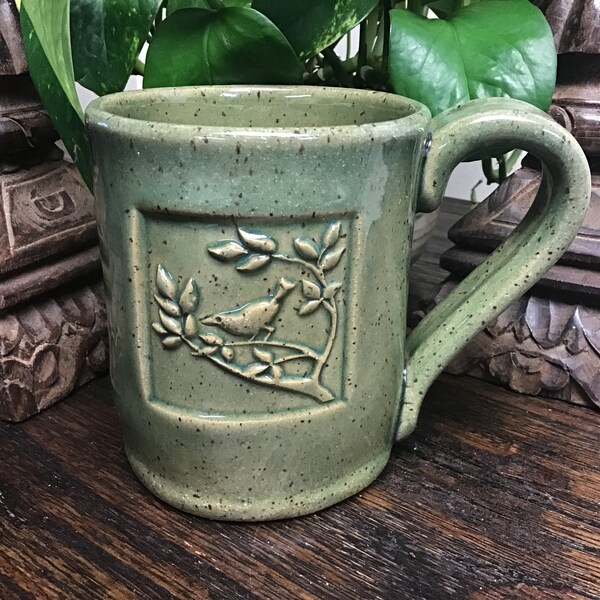 Handmade Bird pottery coffee mug, coffee cup, tea cup. Holds 14 oz. Microwave and dishwasher safe.  Unique gift.  Ready to ship.