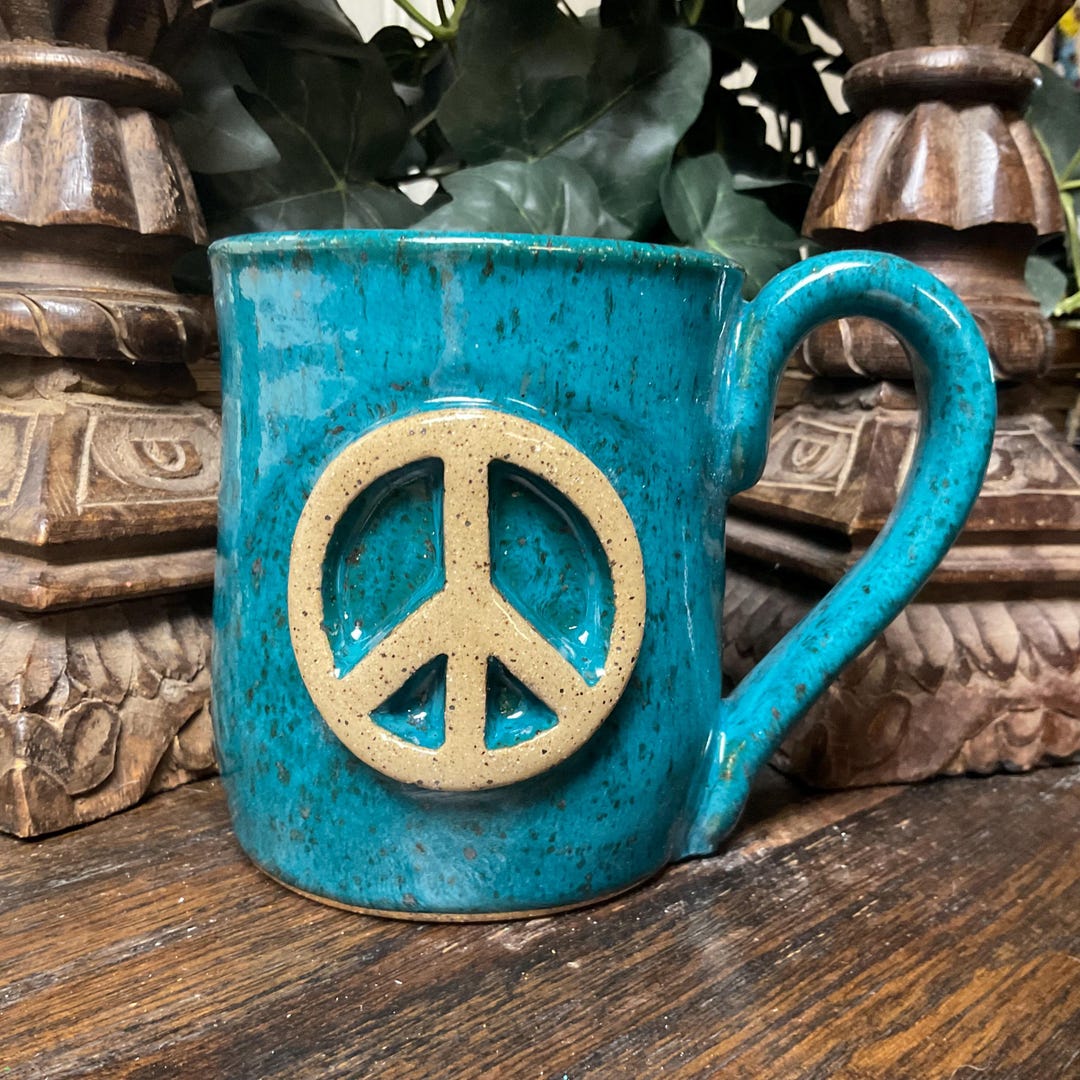 Peace Sign Pottery Handmade Stoneware Peace Sign Coffee Mug, Rustic Blue Pottery, 14 Oz - Etsy