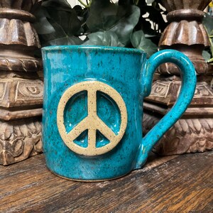 Handmade Stoneware Peace Sign Coffee Mug, Rustic Blue Pottery, 14 oz