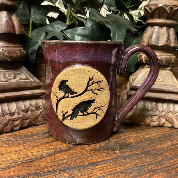 Handmade Raven, Crow, Bird pottery coffee mug, cup, tea cup.  Holds 14 oz. Microwave and dishwasher safe. Great gift.  Ready to ship