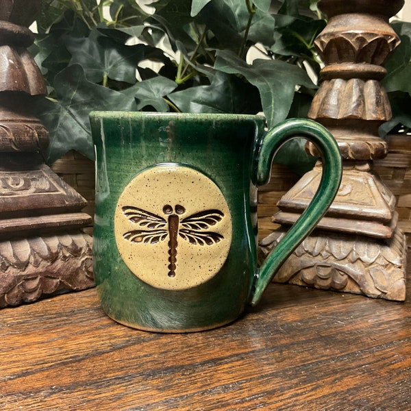 Handmade Dragonfly pottery coffee mug, coffee cup, tea cup.  Holds 14 oz.  Dishwasher and microwave safe.  Great gift.  Ready to ship