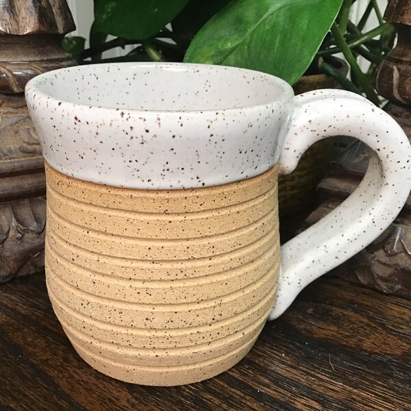 Handmade White, Natural pottery coffee mug, coffee cup, tea cup.  Holds 12 oz. Microwave and dishwasher safe. Great gift idea. Ready to ship