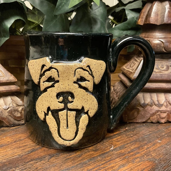 Holds 14 oz.  Handmade Schnauzer Dog pottery coffee mug, tea cup.  Pet lover.   Microwave and dishwasher safe.  Unique gift.  Ready to ship