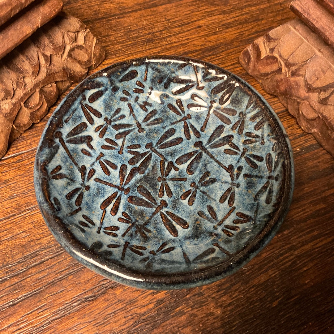 Handmade Dragonfly Pottery Ring Dish Holder, Teaspoon Spoon Rest, Tea
