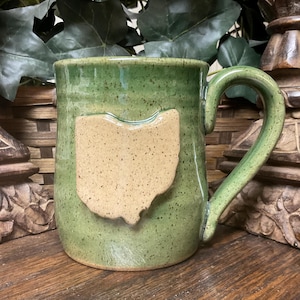 Large Handmade State of Ohio Pottery Mug, Green Stoneware, 14 oz