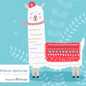 May include: A white llama wearing a red hat and scarf with a red and white patterned blanket. The llama is standing on a blue background with white leaf designs.