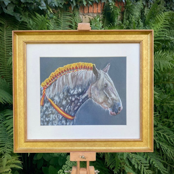 Horse Shire, portret, originele tekening, pastel schilderij, zachte pastel op papier met passe-partout en gouden lijst, anti-reflecterend glas