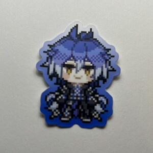 May include: A pixelated sticker featuring a character with blue hair and a black outfit. The character has yellow eyes and a slight smile. The sticker has a blue gradient border and is likely for fans of anime or video games.
