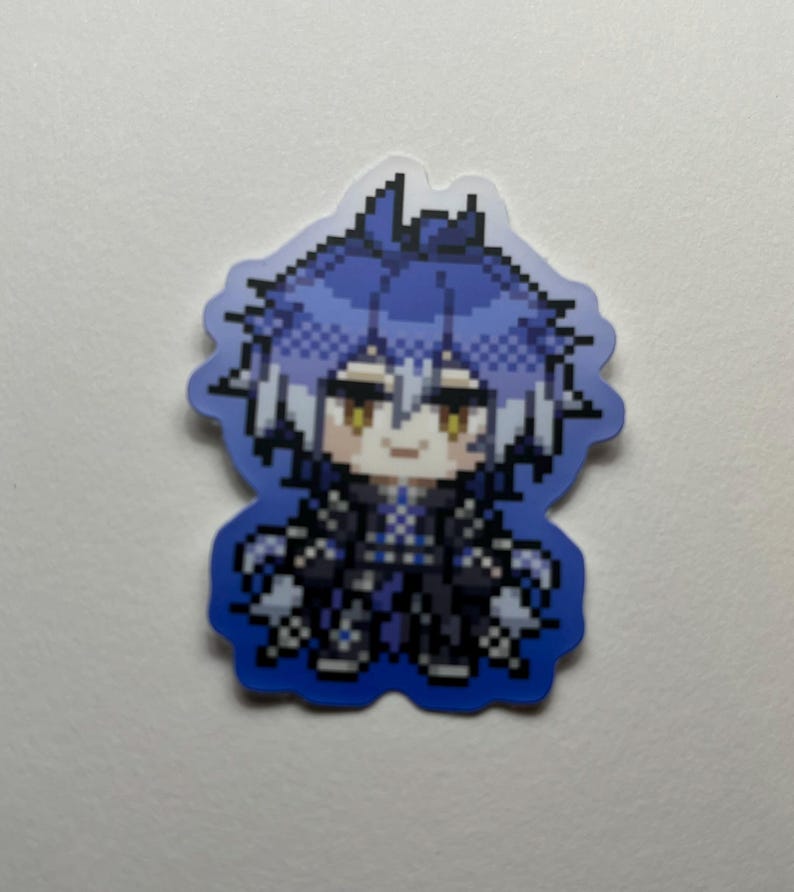 May include: A pixelated sticker featuring a character with blue hair and a black outfit. The character has yellow eyes and a slight smile. The sticker has a blue gradient border and is likely for fans of anime or video games.