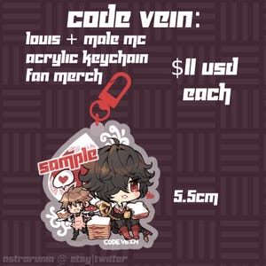 Pode incluir: Chaveiro de acrílico com personagens de "Code Vein". O chaveiro inclui o texto "louis + male mc acrylic keychain fan merch". O design inclui dois personagens em estilo anime, um fecho vermelho e mede 5,5 cm.