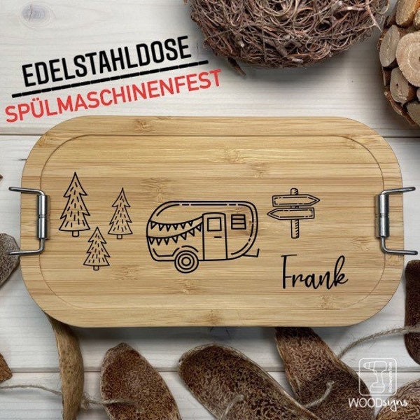 Edelstahl Lunchbox Camper "Wohnwagen" | personalisierte Brotdose mit Bambusdeckel | Snackbox mit Wunschname