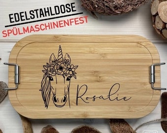 Nachhaltige Lunchbox Einhorn, aus Edelstahl mit Bambusdeckel, in zwei Größen