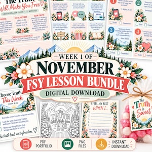 May include: A digital lesson bundle for November featuring multiple printable pages with mountain and floral illustrations. Includes lesson guides, activity cards, a colouring page, and a tag for a bag of sweets labelled The Truth is Sweet.