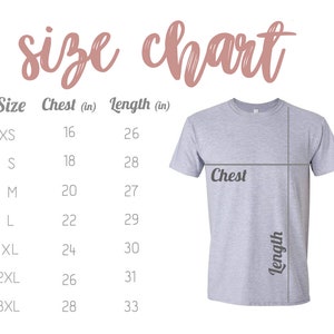 May include: Size chart for a t-shirt with measurements in inches for chest and length. Sizes include XS, S, M, L, XL, 2XL, and 3XL.