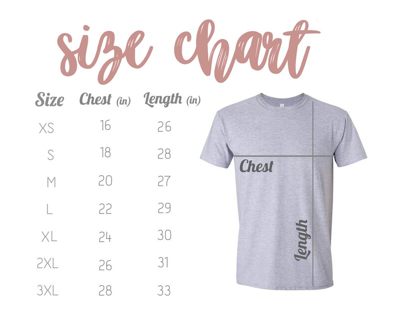 May include: Size chart for a t-shirt with measurements in inches for chest and length. Sizes include XS, S, M, L, XL, 2XL, and 3XL.