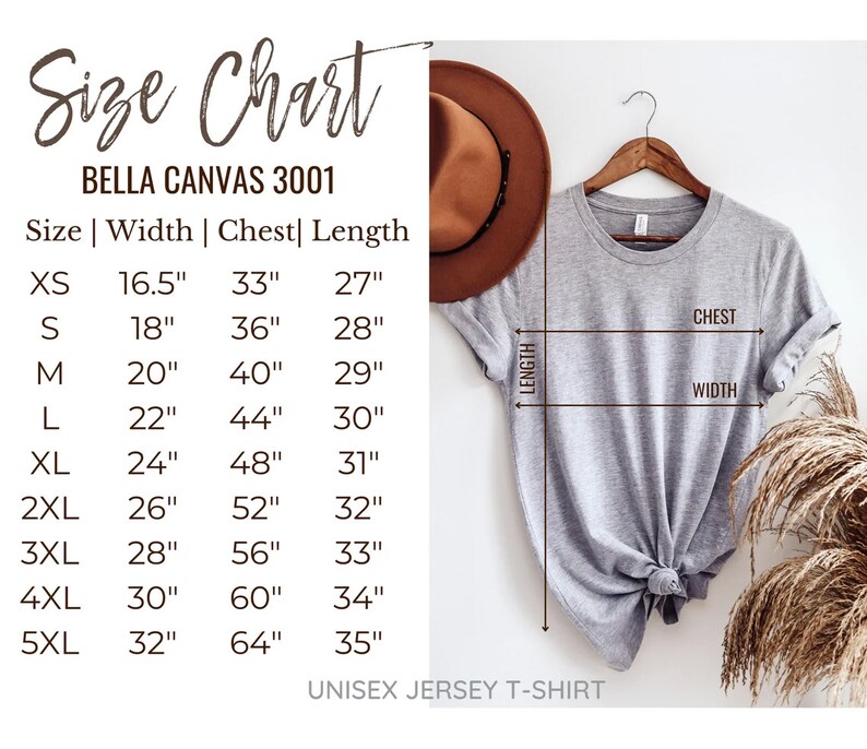 以下が含まれることがあります： Bella Canvas 3001 ユニセックスジャージTシャツのサイズチャート。チャートは、XSから5XLまでのサイズについて、幅、胸囲、着丈をインチで示しています。