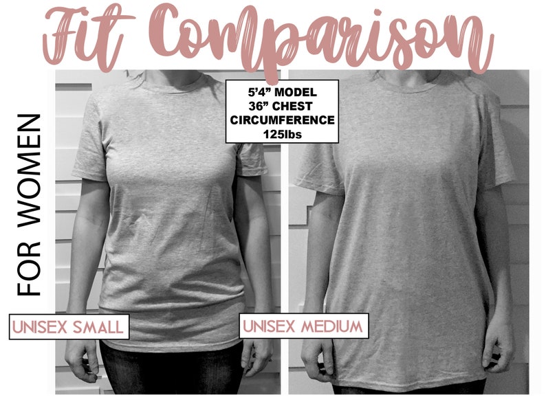 May include: Fit comparison of a gray t-shirt in two sizes: unisex small and unisex medium. The model is 5'4" tall, with a 36" chest circumference and weighs 125 lbs.