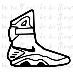 May include: A black and white line drawing of a high-top sneaker with a thick sole and a swoosh logo on the side.