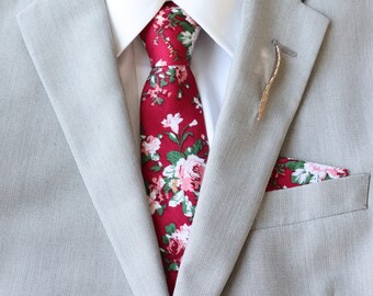 Cole Red Floral Cotton Skinny Tie | Red Tie | Red Necktie | Red Weddings | Men's Tie | Wedding Outfit | Father's Day | Gifts for Him