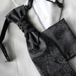 Skylar Black Paisley Pre-Tied Ruche Cravat Necktie Black Ascot Victorian Tie Edwardian Tie British Tie image 5