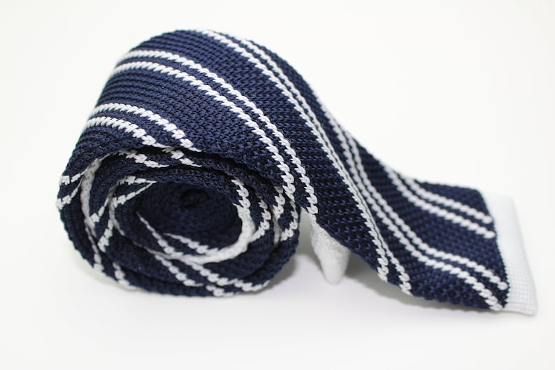 Groomsman Grooms Navy Dark Blue /& White Stripe Men/'s Skinny Knitted Tie Necktie