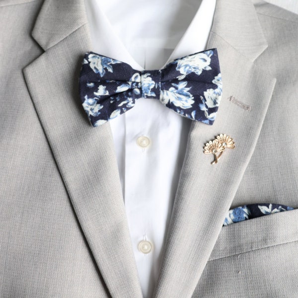 Marley Dark Blue Floral Men's Bow Tie | Boys Bowtie | Blue Wedding | Navy Tie | Floral Bow Tie | Rustic Wedding | Spring Tie | Neckties