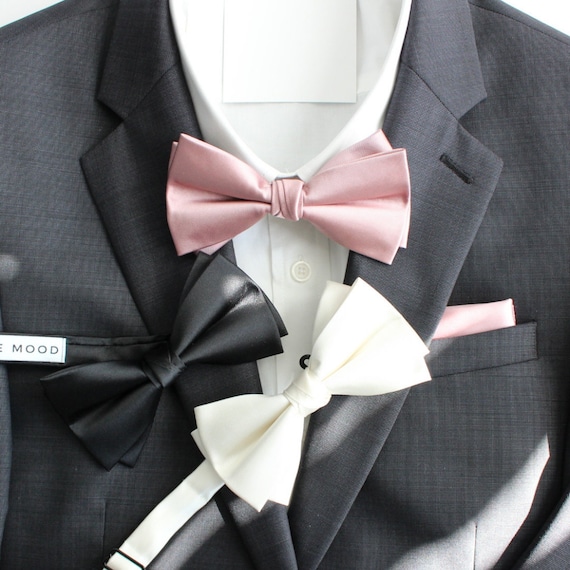 Black Satin Bow Tie Pocket Square Set | Formal Tuxedo Groomsman