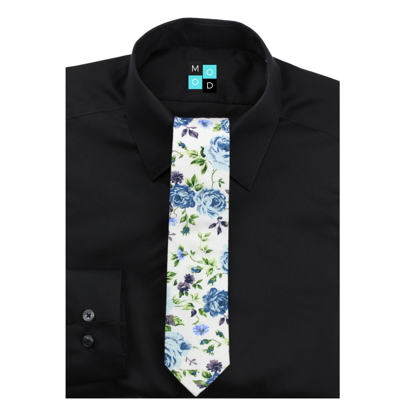 White with Blue Floral Men's Skinny Tie Necktie Grooms Etsy