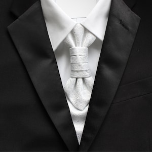 Eva White Paisley Pre-Tied Ruche Cravat Necktie & Pocket Square Set | White Ascot | Victorian Tie | Edwardian Tie | British Tie