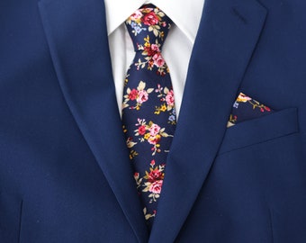 Navy Dunkelblau Floral Herren Slim Krawatte & Einstecktuch Set | Blaue Hochzeit | Skinny Krawatten für Männer | Blaue Krawatte | Hochzeit Krawatte | Blumen Krawatte