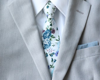 Ellis Dusty Blue Floral Skinny Tie & Pocket Square Set | Wedding Tie | Groom Groomsmen