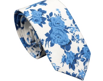 Harper Blue Floral Skinny Tie | Cotton Wedding Necktie