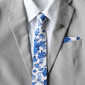 Harper Blue Floral Men's Skinny Tie | Matching Bowties | Skinny Wedding Neckties | Groomsman Blue Tie | Royal Blue Floral Tie