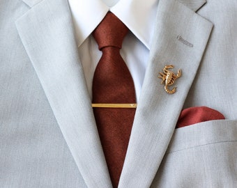 Dark Paprika Skinny Herren Krawatte & Einstecktuch im Set | Zimt Krawatte | Kupfer Hochzeit im Herbst | Gebranntes Orange Krawatten Set | Bräutigam Trauzeuge Krawatte
