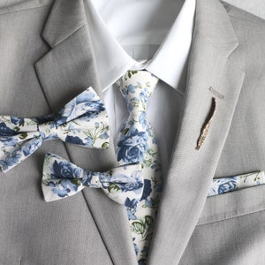 Sawyer Blue Floral Men&#39;s Necktie | Adult & Boys Matching Bow Tie | Big and Tall Tie | Floral Pocket Square | Dusty Blue Floral Tie
