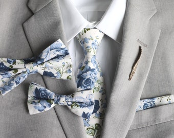 Blue Floral Cotton Necktie Set | Matching Bow Tie & Pocket Square