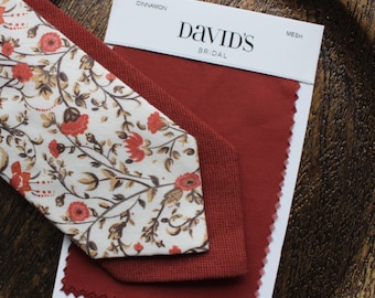 Shay Terracotta Paprika Burnt Orange Floral Mens Skinny Necktie | Cinnamon Floral Tie | Azazie  | Fall Weddings | Sienna Davids Bridal