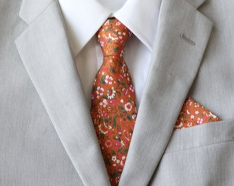 Layla Burnt Orange Floral Mens Skinny Necktie | Fall Floral Tie Set | Rustic Weddings | Menswear | Groom Groomsmen Tie