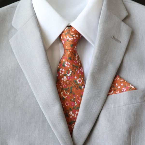 Layla Burnt Orange Floral Mens Skinny Necktie | Fall Floral Tie Set | Rustic Weddings | Menswear | Groom Groomsmen Tie