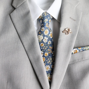 Chandler Blue & Yellow Floral Skinny Men&#39;s Tie | Blue Tie | Blue Weddings | Rustic Wedding | Matching Tie Set | Blue Pocket Square