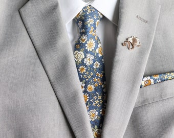 Chandler Blue & Yellow Floral Skinny Men's Tie | Blue Tie | Blue Weddings | Rustic Wedding | Matching Tie Set | Blue Pocket Square