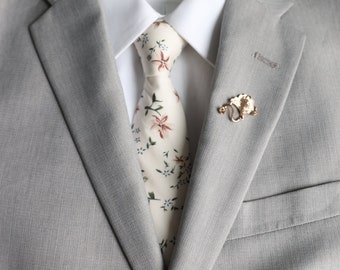 Cream Floral Cotton Men's Tie: Matching Bow Tie Set