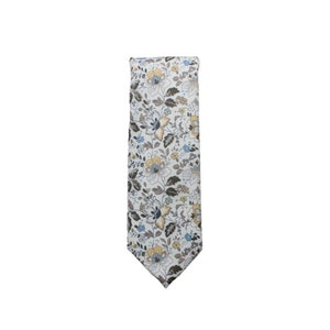 Tylie White Brown Light Blue Floral Mens Skinny Necktie | Mens Necktie | White Floral Tie | Rustic Wedding Ties | Fall Weddings