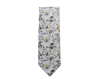 Tylie White Brown Light Blue Floral Mens Skinny Necktie | Mens Necktie | White Floral Tie | Rustic Wedding Ties | Fall Weddings