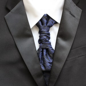 Delilah Dark Blue Black Paisley Satin Pre-Tied Ruche Cravat Necktie & Pocket Square Set | Ascot | Victorian Tie | Edwardian Tie | British