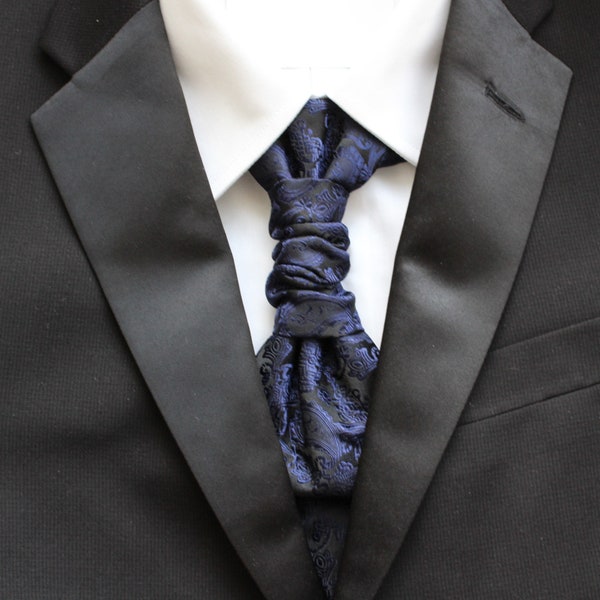 Delilah Dark Blue & Black Paisley Satin Pre-Tied Ruche Cravat Necktie | Ascot | Victorian Tie | Edwardian Tie | British Tie