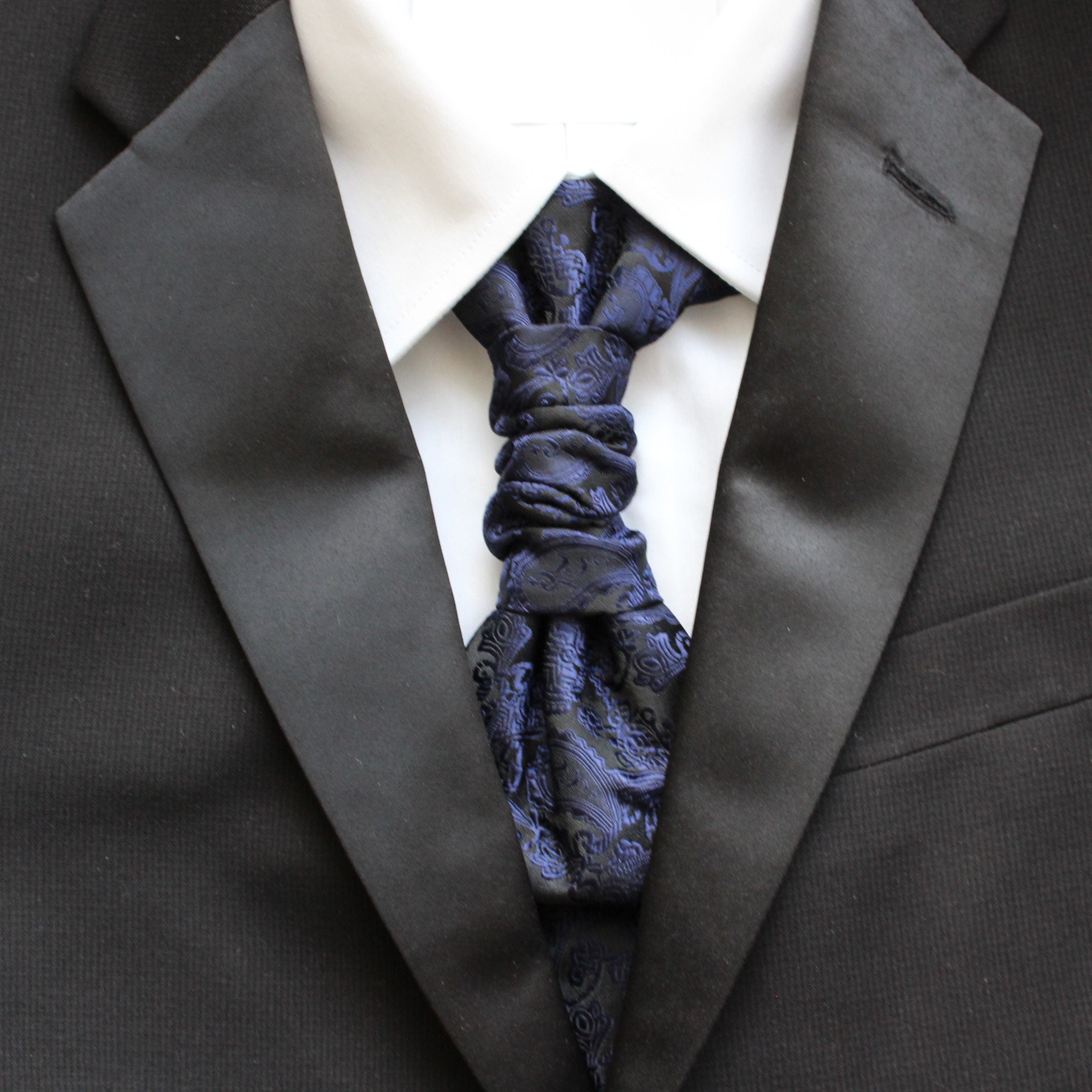 Delilah Dark Blue Black Paisley Satin Pre-Tied Ruche Cravat Necktie & Pocket Square Set | Ascot | Victorian Tie | Edwardian Tie | British
